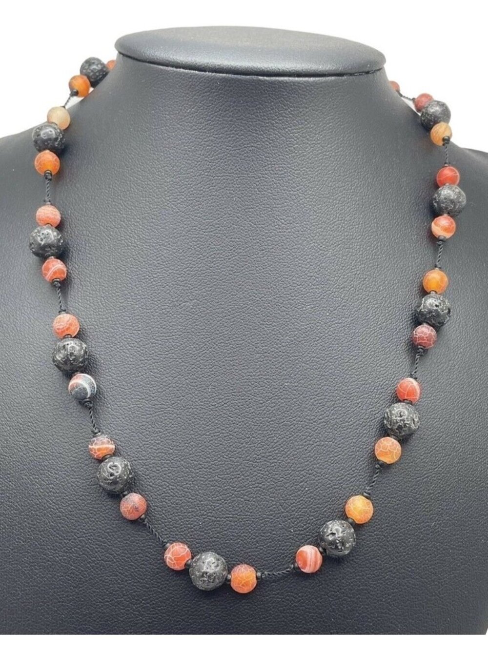 Necklace Women 16" Beaded Black & Red Orange Lava Rock 925 Silver Clasp Jewelry